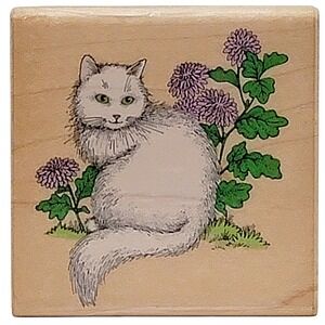 VTG 90s Hero Arts Garden Cat Rubber Stamp 1992 F716 Wood Mounted‎ Flowers 2.5"